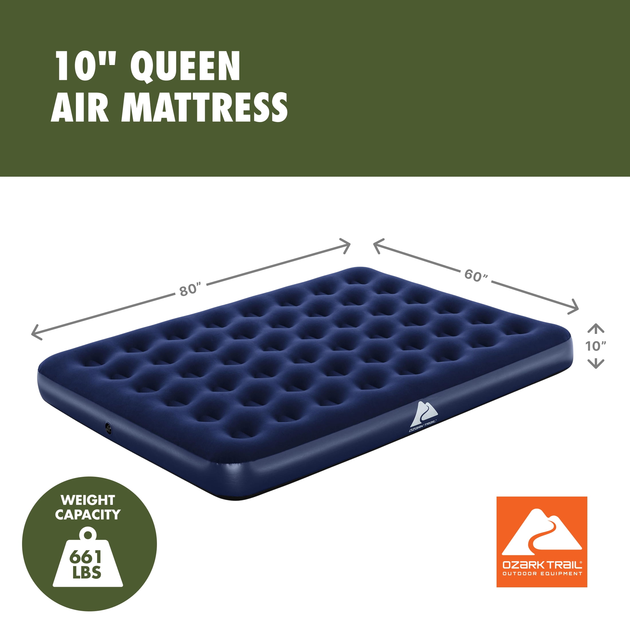 Ozark Trail Queen Air Mattress, 10 inch Air Bed, Inflatable Air Mattress, Blow Up Mattress without Pump