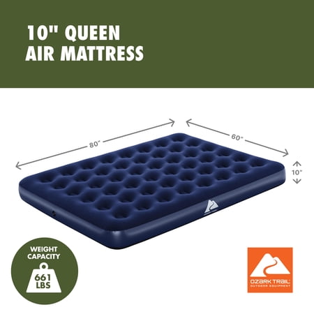 OZARK TRAIL QUEEN AIR MATTRESS, 10 INCH AIR BED, INFLATABLE AIR MATTRESS, BLOW UP MATTRESS WITHOUT PUMP