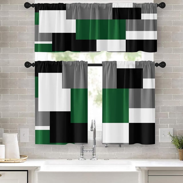 Green Geometric Kitchen Curtains Checkered Window Curtains and Valances Set 36 Inch, Black Grey White Short Tier Curtain for Kitchen, Modern Abstract Small Kitchen Decor