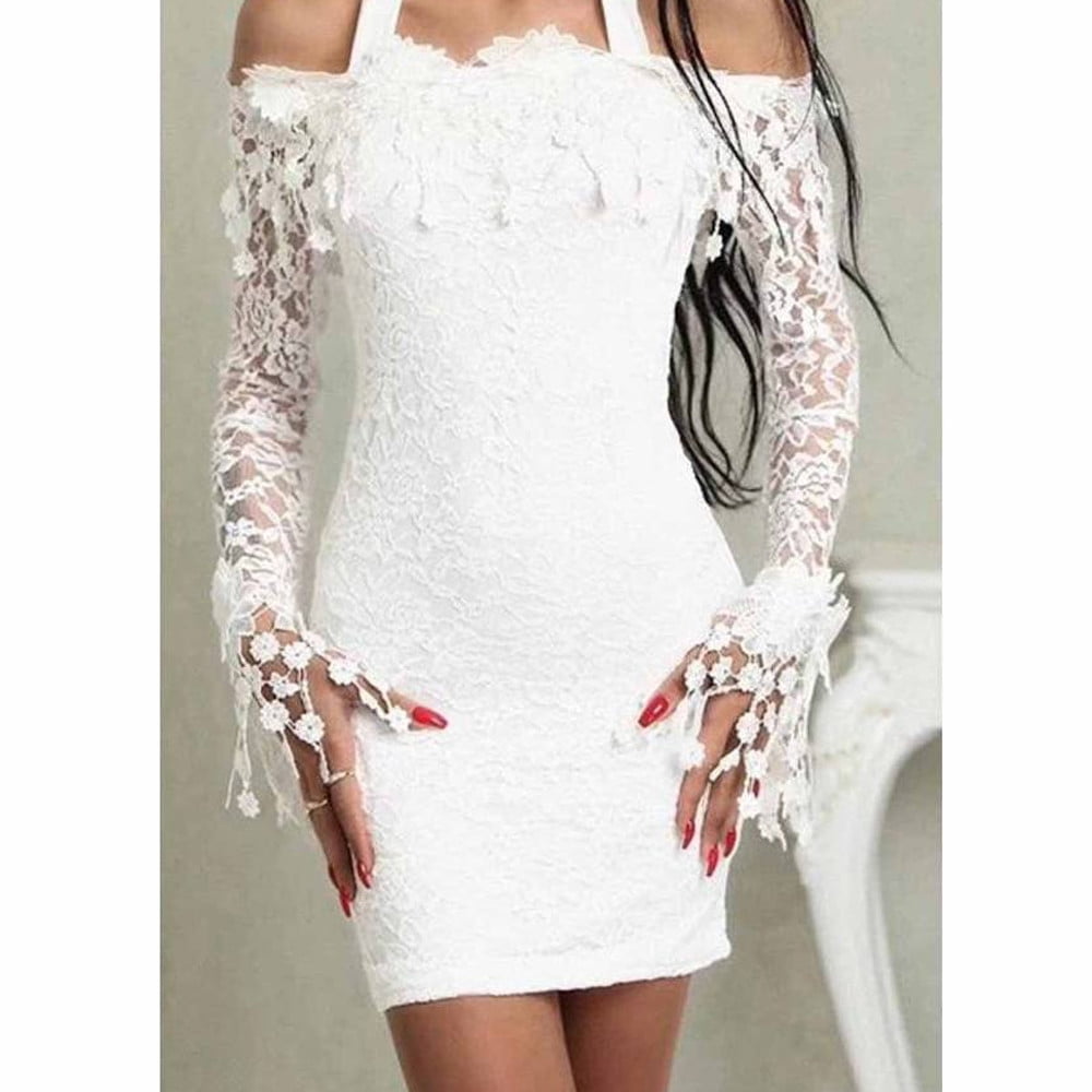 symoid Long Dresses for Women- Sexy Lace Solid Slash Neck Off Shoulder  Cocktail Party Elegant Dress White XL