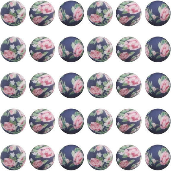 30Pcs 15mm Printed Beads Bulk Round Print Silicone Beads Soft Rubber Spring Flower Leaf Pattern Focal Loose Spacer Lanyard Beads