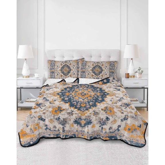 Quilts Queen Size, Boho Chic Ethnic Soft Comforter Bedding Set for Bed, Orange Blue Vintage Tribes Lightweight Quilted Bedspread with Pillow Cover(2 Pieces) for All Season, 90x96 Inch