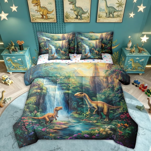 Feelyou Jungle Dino Wildlife Twin Bedding Sets for Kids Boys Girls, Waterfall Flower Bedding Comforter Set, Green Blue, Colorful Star Reversible, 7-Piece