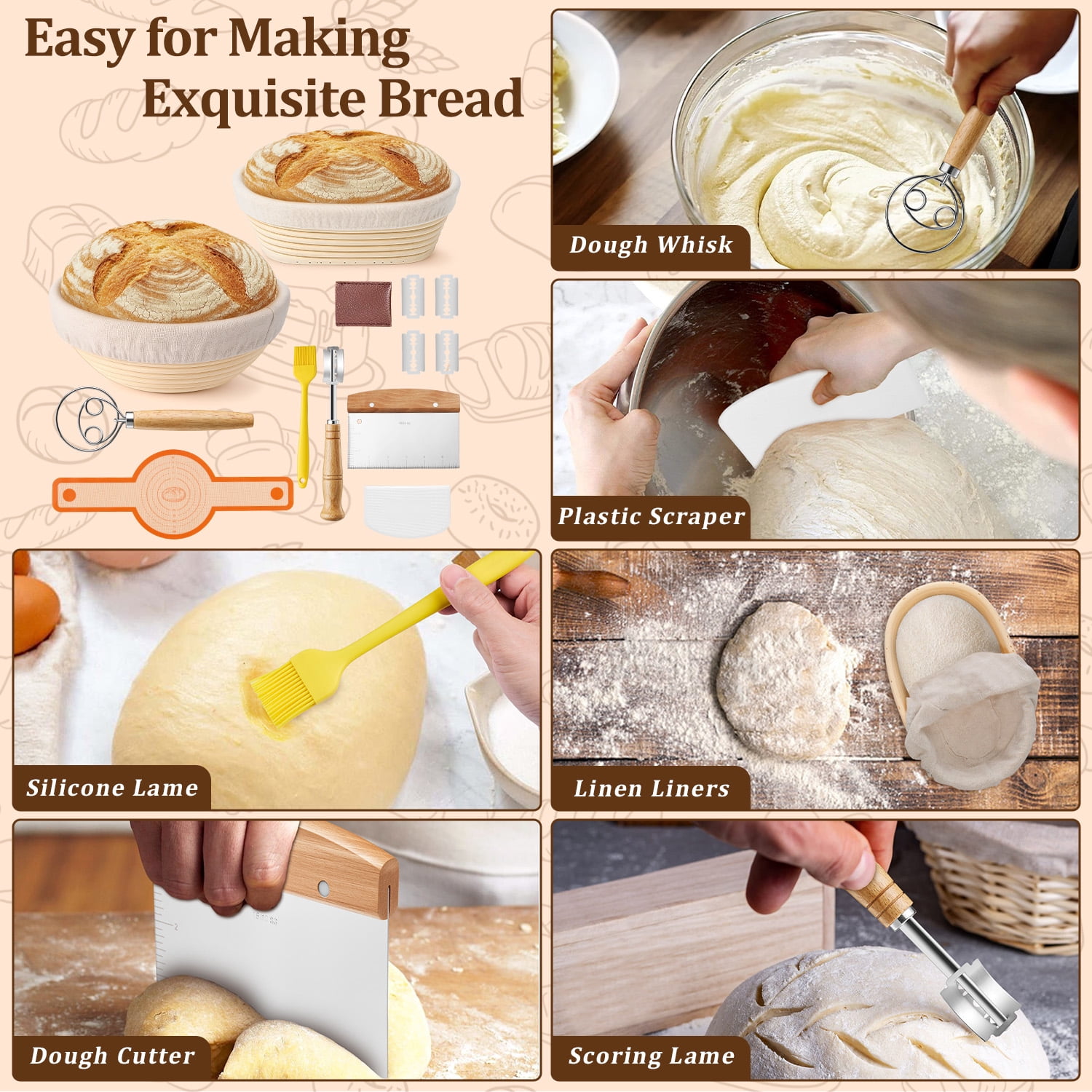 Vesteel 15Pcs Bread Proofing Basket Set, 9” Round and 10” Oval Banneton Bread Baking Baskets with Liner, Dough Baking Supplies Tools Included for Fermenting Baking