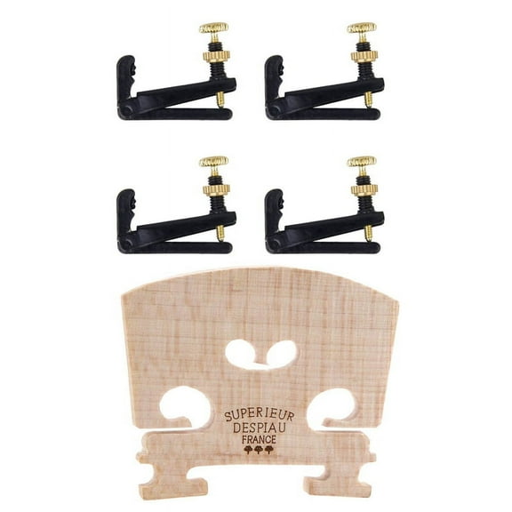 5 Pcs Violin Accessories: 1 Pcs Adjustable Violin Bridge Maple,4/4 Size Violin Fitted Bridge Parts for 4/4 Size Violin & 4 Pcs 3/4 - 4/4 Violin Fine Tuner String Plate