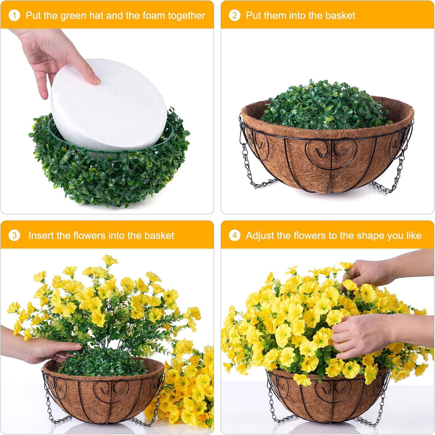 Artificial Fake Hanging Flowers Plants Baskets for Outdoor Outside Summer Decoration, Faux Silk Yellow Morning Glory in Planter UV Resistant Realistic for Home Porch Patio Balcony Garden Yard