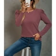 thumbnail image 4 of Camisas de manga abombada para mujer, Top de punto de gofre con cuello redondo de Color puro, camiseta informal elegante de manga larga, rojo ladrillo S, 4 of 8