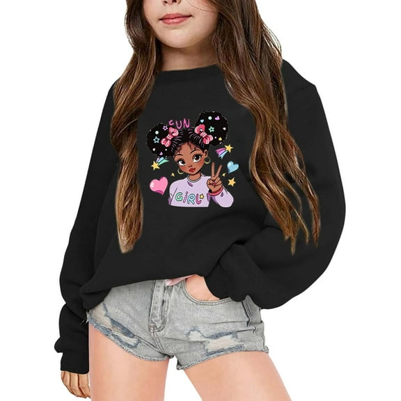 SonxaHe Toddler Girl Sweatshirts Cartoon Prints Long Sleeve Oversized Outerwear Autumn Winter Sweatshirt Black,Sized 3-4