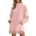 thumbnail image 6 of Women's Dress Long Sleeve High Neck Loose Fit Solid Color Suede with Pockets and Tassel Detail Midi Dress for Spring Fall,Pink,S, 6 of 7