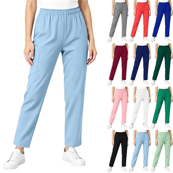 LIaqionyy Women's Baggy Pants Elastic Waisted Straight Leg Loose Casual Work Solid Color Trousers with Pockets