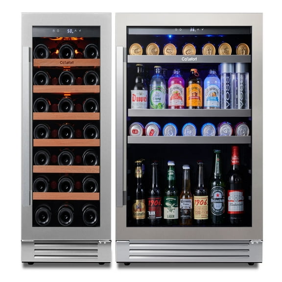 Ca'Lefort Wine Cooler Beverage Refrigerator, Hold 140 Cans and 33 Bottles Dual Zone Wine Fridge Freestanding & Built-in with Stainless Steel frame for Kitchen Office