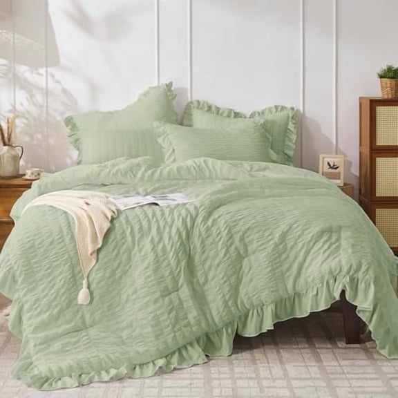 Sage Green Twin Size Comforter Set, 2 Pieces Seersucker Lightweight Fluffy Bedding Set, Twin Ruffle Comforter, All Season Soft Microfiber Shabby Chic Bed Set