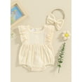 thumbnail image 2 of Infant Baby Girls 2 Piece Outfits, Round Neck Frill Trim Sleeveless Solid Color Romper + 3D Bow Headband Set, 2 of 8