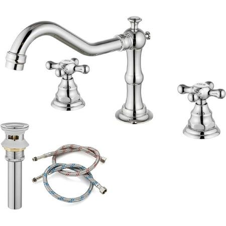 

Widespread Bathroom Sink Faucet Double Cross Knobs Polish Chrome 3 Hole Mixing Tap Deck Mount with Pop Up Drain