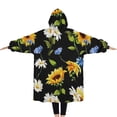 thumbnail image 2 of Oversized Wearable Blanket Hoodie,Black Sunflower White Daisy Pattern Sherpa Blanket Hoodie with Super Pockets,Super Warm Fuzzy Pullover for Women & Men, 2 of 6