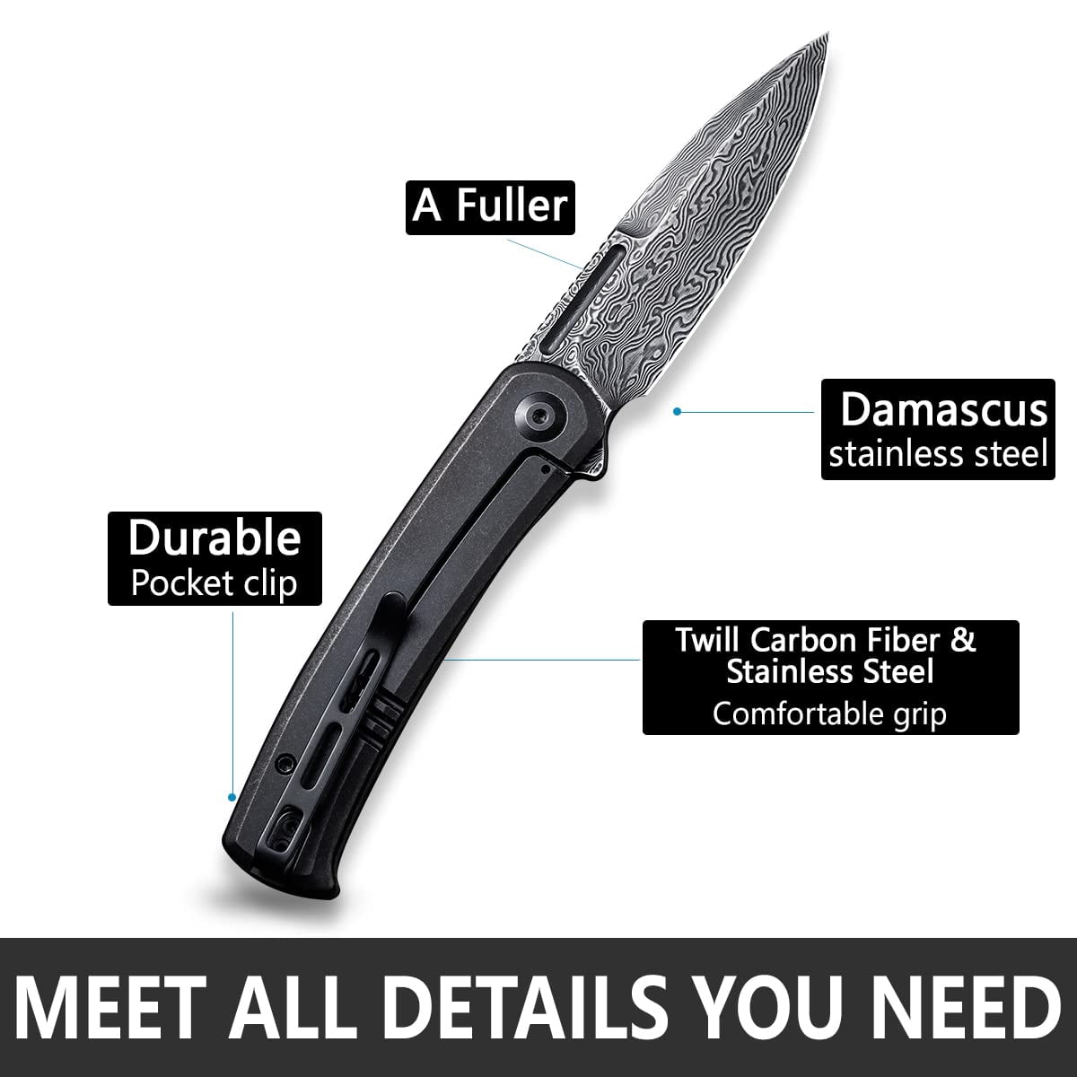 CIVIVI Cetos Folding Knife, 3.48-in Damascus Blade Spear Point with Twill Carbon Fiber Scale Frame Lock C21025B-DS1