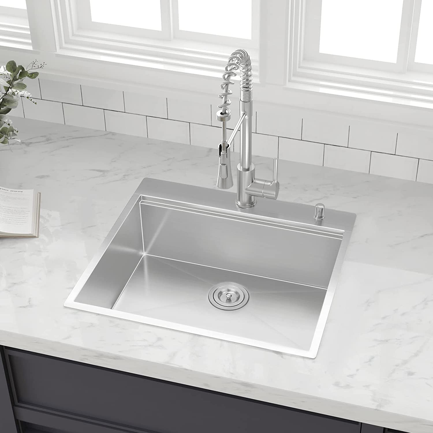 25 x 22 inch Drop-in Kitchen Sink, Handmade Workstation Kitchen Sink 18  Gauge with Ledge, Topmount Stainless Steel Single Bowl Sink