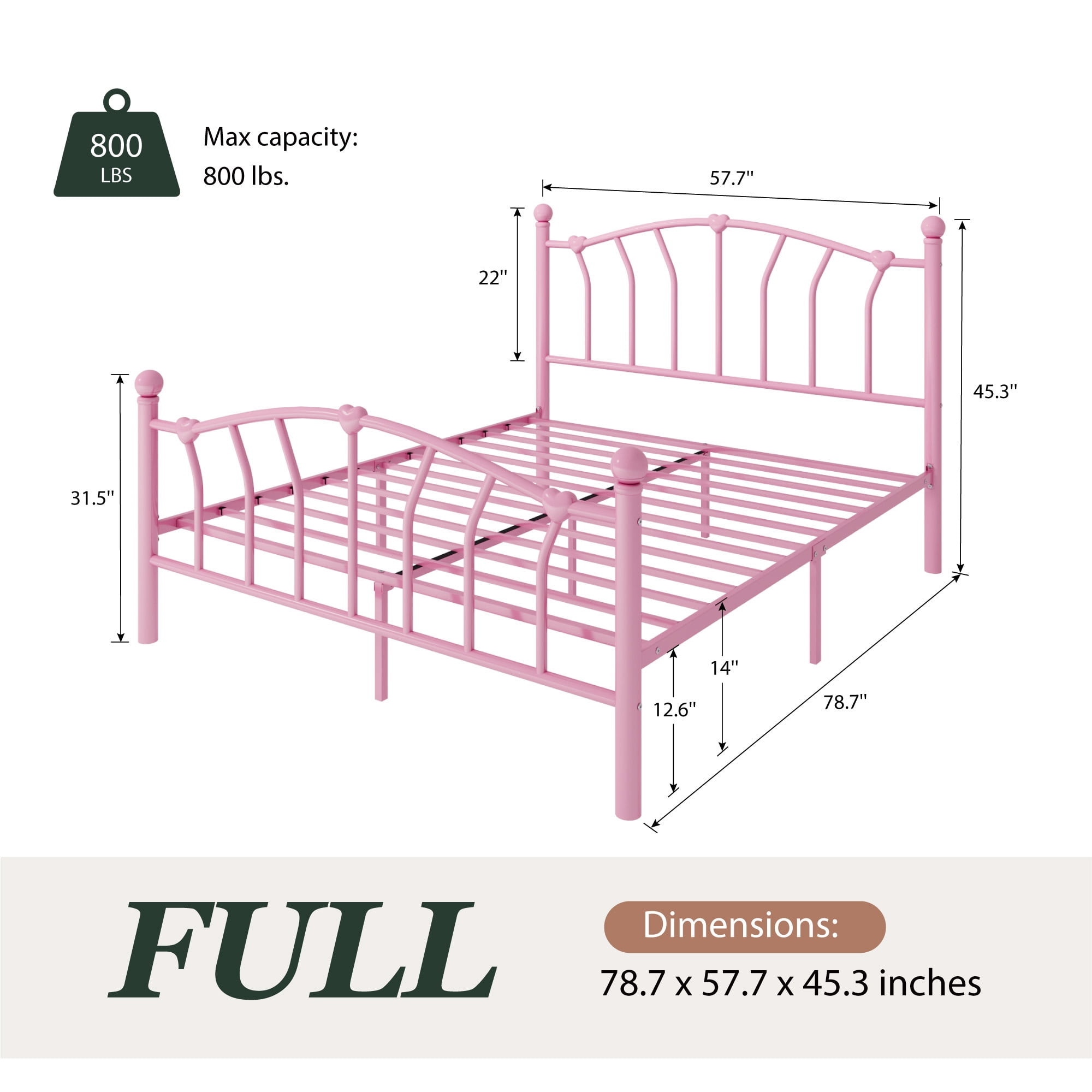 Amolife Full Bed Frame, Metal Platform Bed with Heart-Shaped Headboard and Footboard, 12.6'' Under-Bed Storage Space, No Box Spring Needed, Pink