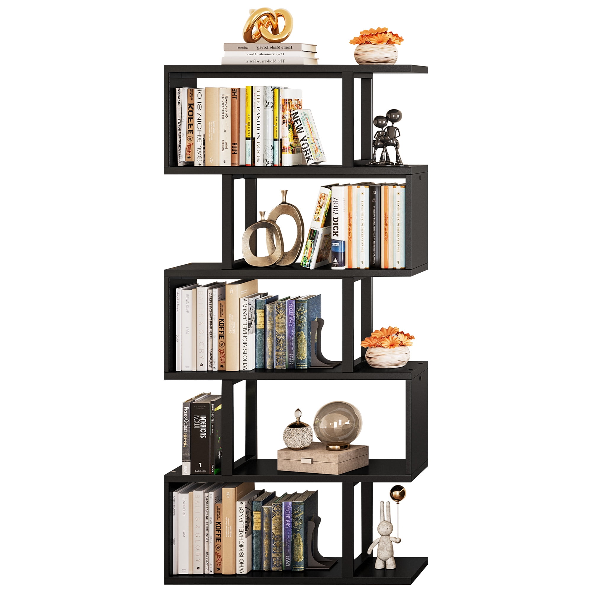 Dextrus 6-Tier S-Shaped Bookshelf , Geometric Tall Bookcase Wooden, Open Display Storage Rack Shelves Freestanding Z-Shelf Open Shelf for Living Room Home Office, Black
