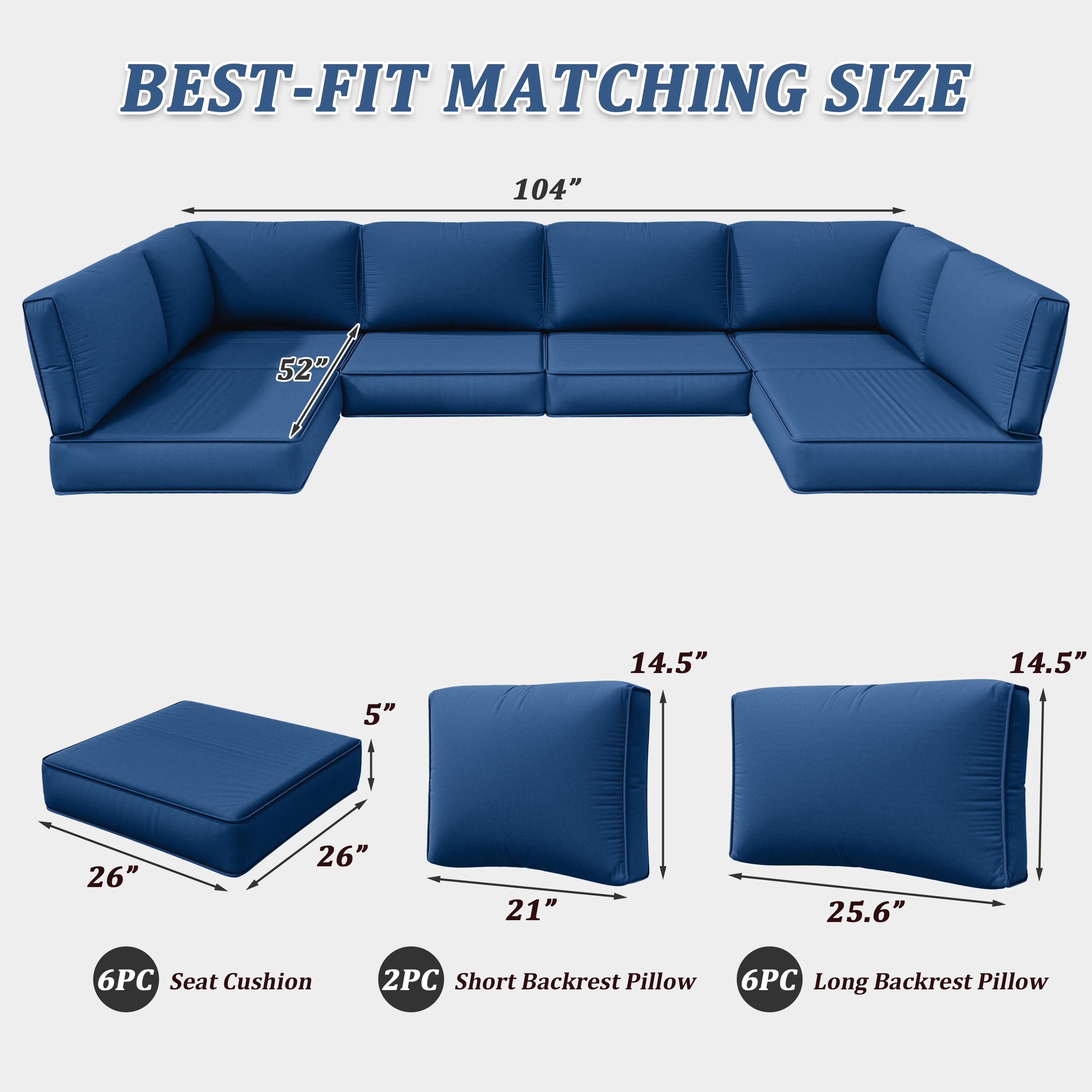 Pakunoda 14 Pieces Outdoor Replacement Cushions, 5” High-Density Foam Sectional Cushions Couch, 6 Seat Patio Conversation Sets for Rattan Wicker, Liner&Cover, Blue