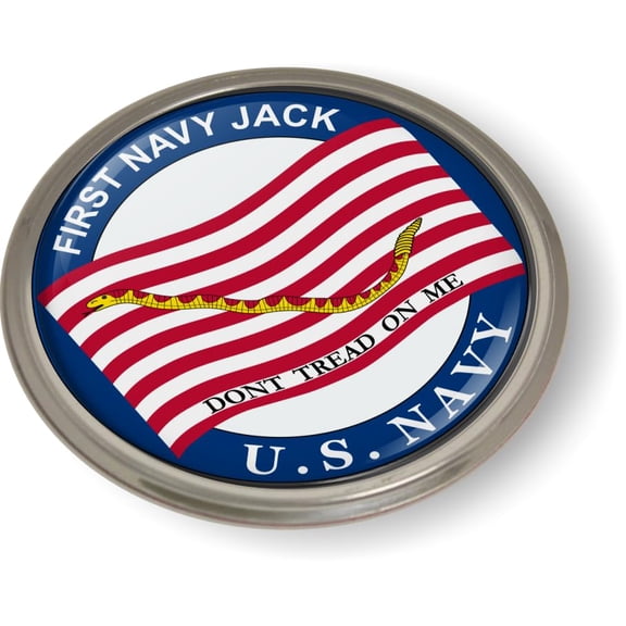 BestLicensePlateFrames - U.S. Navy First Navy Jack Flag - Don't Tread on Me - 3D Domed CAR Emblem Badge Sticker Chrome Metal Bezel - Official U.S. Navy Licensed Product
