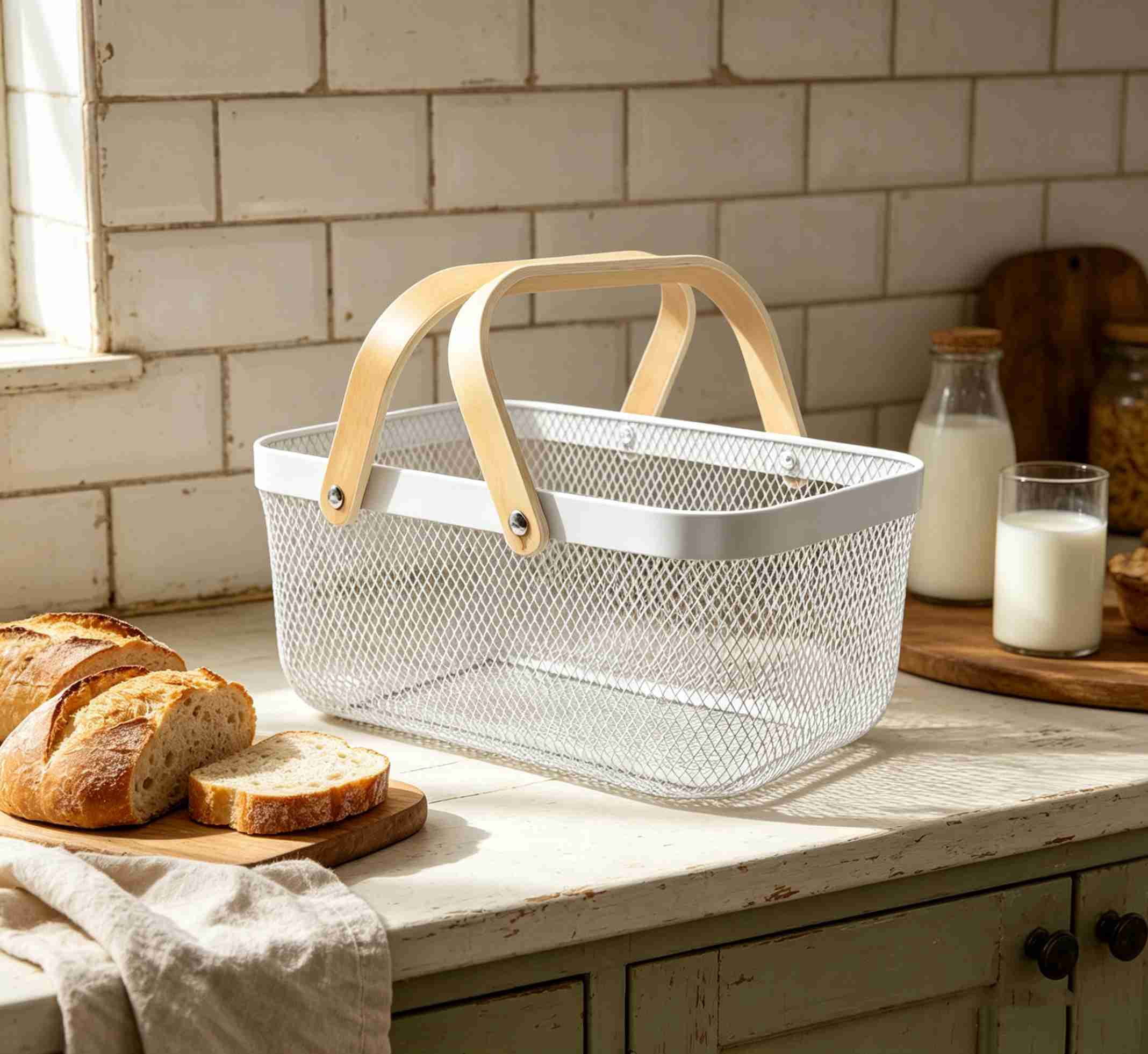 MODANU Metal Mesh Storage Basket with Handle, Garden Harvest Basket, Mesh Fruit Vegetables Gathering Basket Bin, Multi-Functional Metal Wire Basket for Kitchen Garden Picnic Cabinet, White