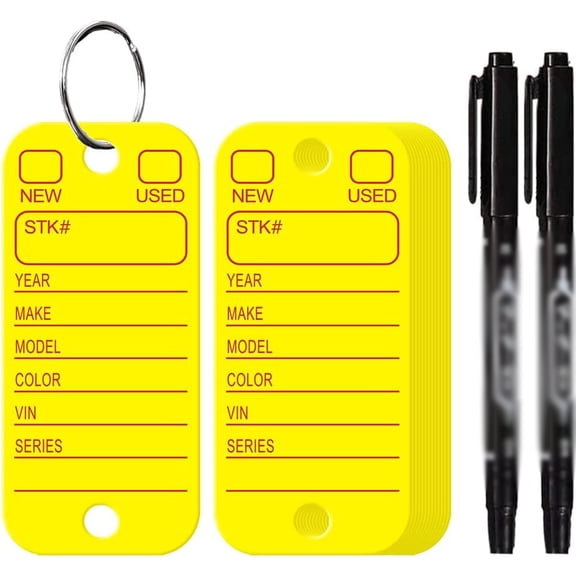 PVC Tags with Labels and Rings, Car Key Tags for Organization, Identifiers, and Luggage Tags with Markers, Plastic Keychain Tags for Car, Truck, and Dealer Use (Yellow)