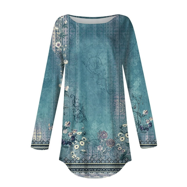 Womens Tunic Tops Shirts Dressy Casual Fall Long Sleeve Pullover Cute  Floral Print Lose Fit Blouses Crew Neck T-Shirt