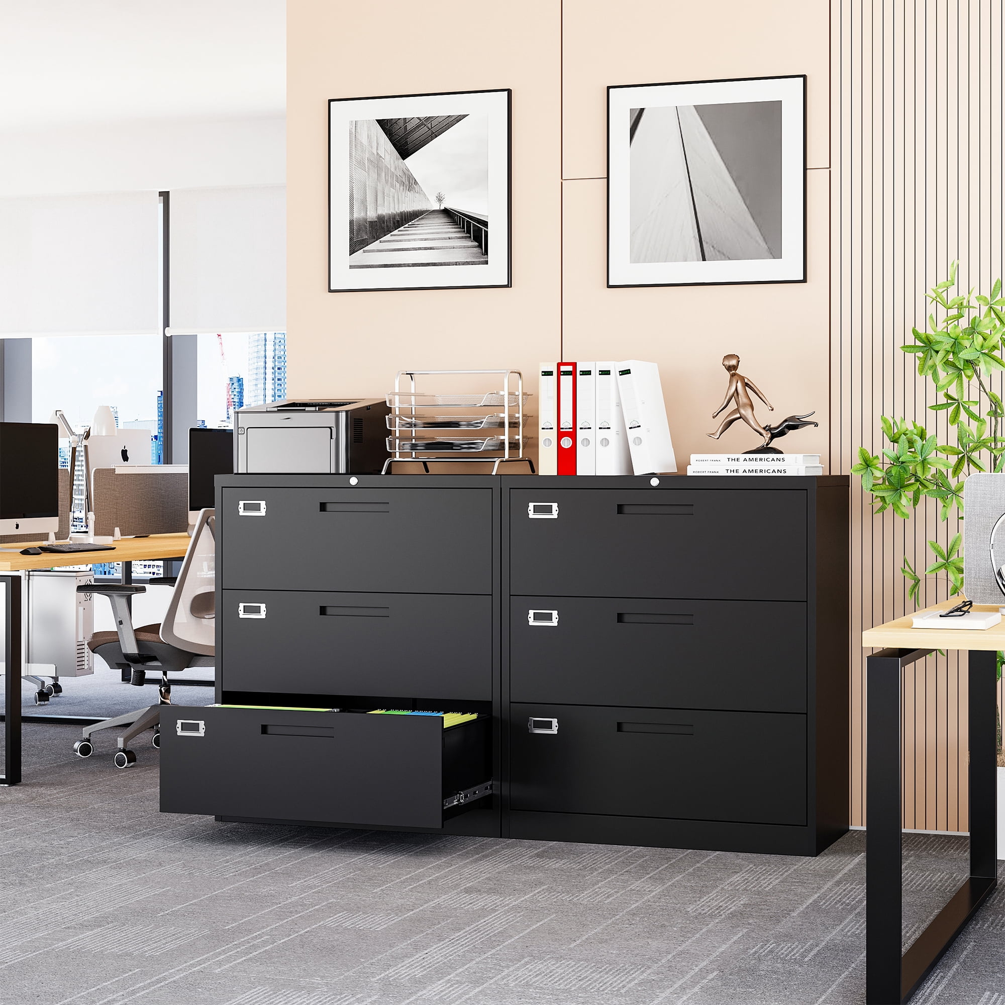 AUHUP 3 Drawer File Cabinet with Lock, Metal Lateral Filing Storage Cabinet Fits Letter/Legal/F4/A4 Size, File Cabinets for Home Office (Black-Assembly Required)