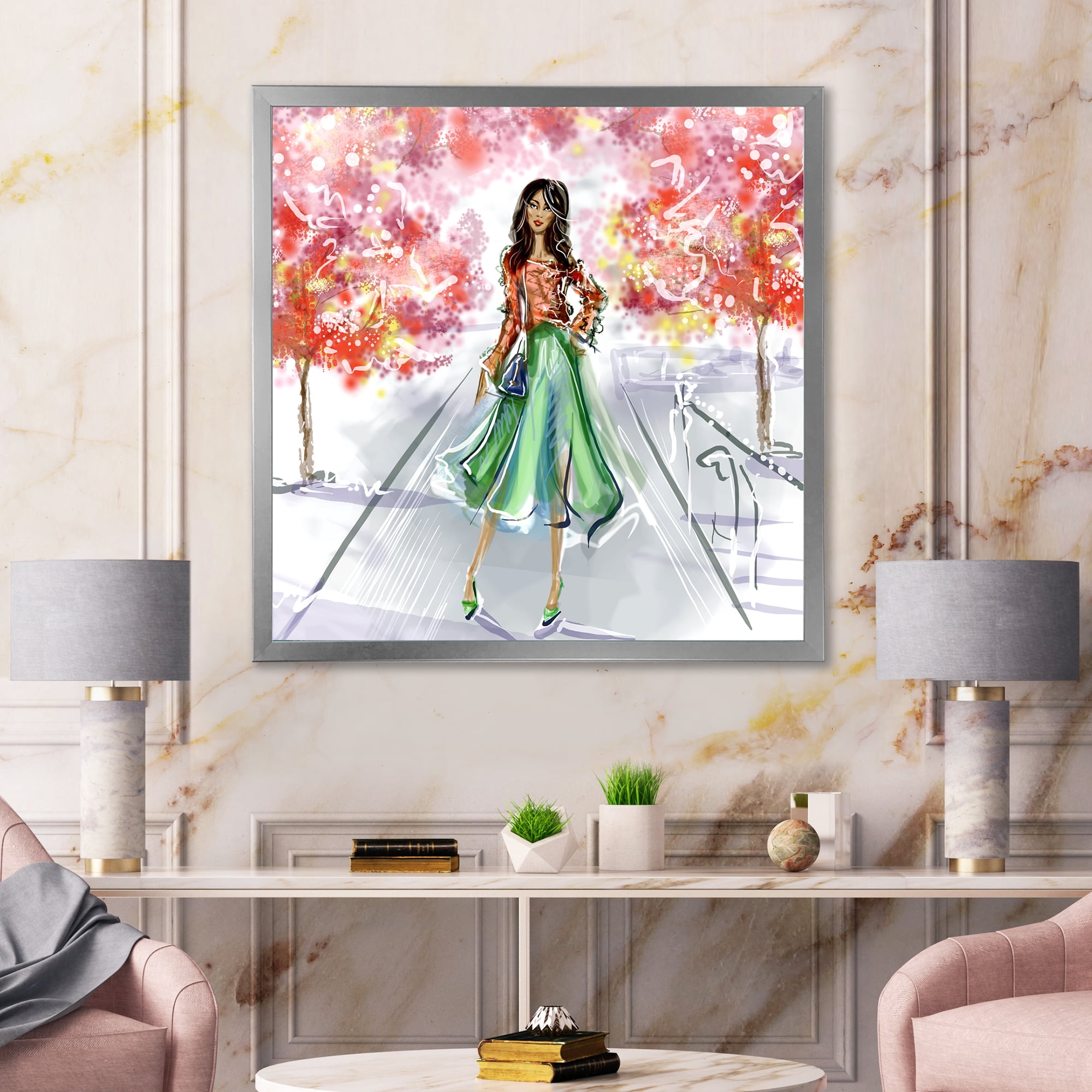 Beautiful Woman Wearing Fashionable Clothes In Park 30 in x 30 in Framed Painting Canvas Art Print, by Designart