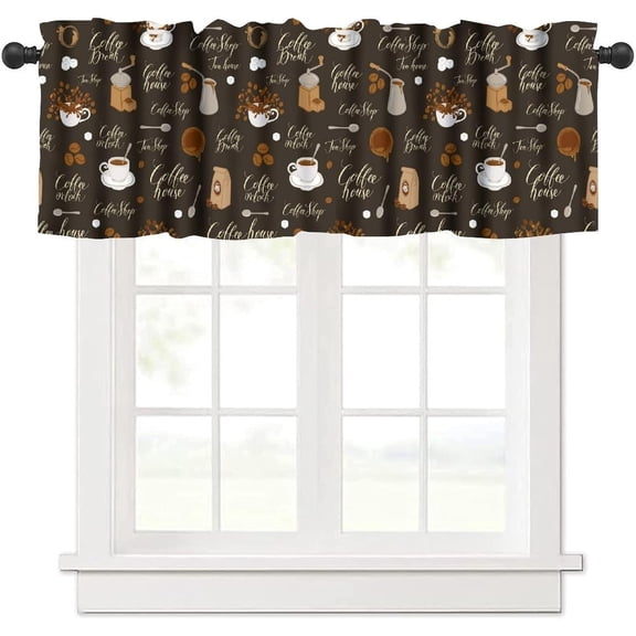 Coffee Valance Curtains Cartoon Square Sugar Cups Beans Spoons Black Brown White Window Treatments for Bedroom Kitchen Living Room Office 54x18inch