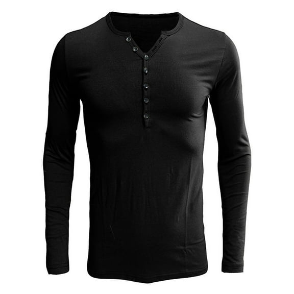 SWSMCLT Men's T Shirt Soft Basic Button Workout Long Sleeve Henley Shirt Cotton V Neck Fitted Spandex Fall Crop Tee Black Medium