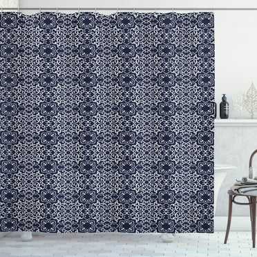 Ambesonne Navy Blue Shower Curtain, Eastern Curlicues, 69"Wx70"L, Navy Blue White
