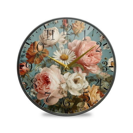 9.5in Acrylic Wall Clock with Glass-like Finish Round Clock for Home Decoration Vintage Roses and Peonies