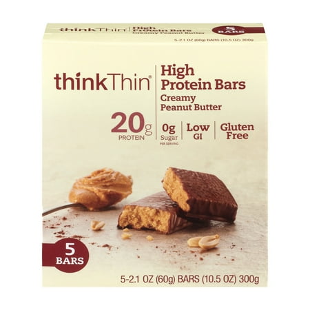 thinkThin High Protein Bar, Creamy Peanut Butter, 20g Protein, 5 (Best Protein Bars For Muscle Mass)