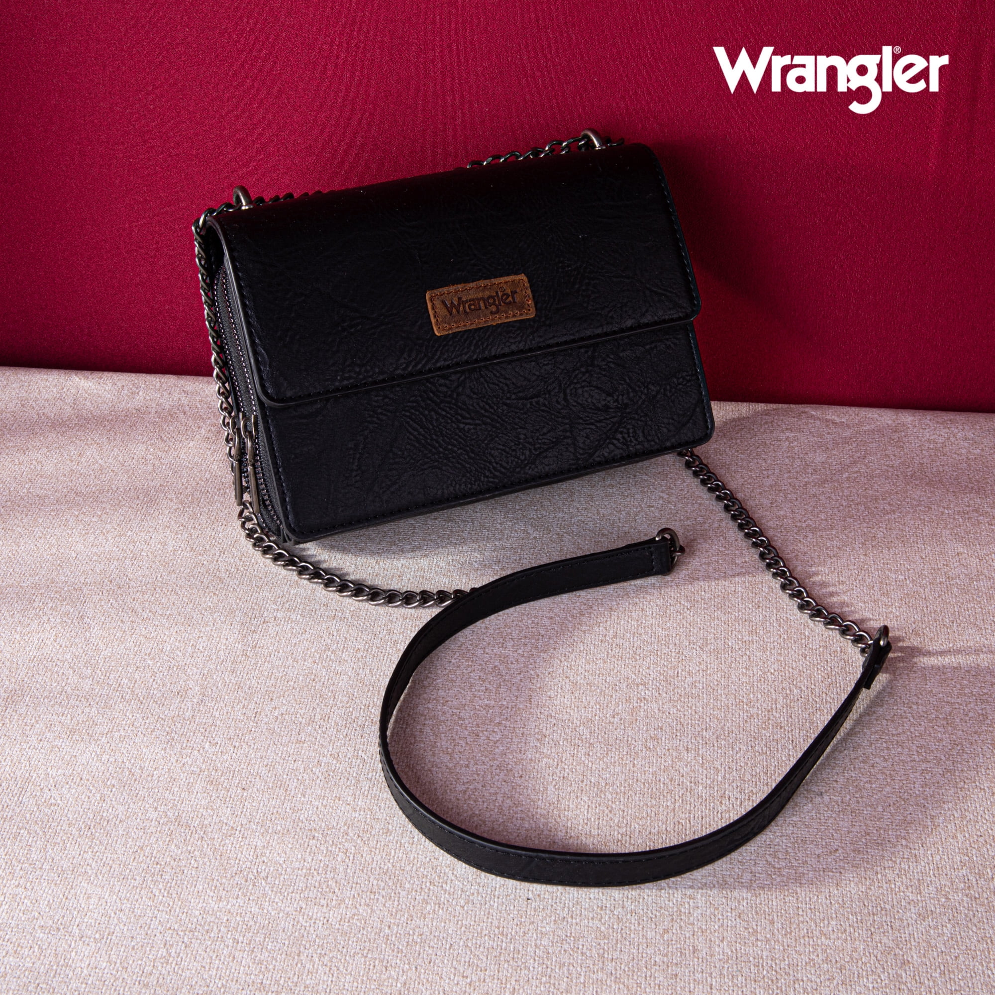 Wrangler Flap CrossBody Purse for Women Small Shoulder Bag with Chain Strap, Black