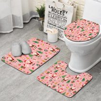 Pink Christmas Santa Pattern Bathroom Rugs Sets 3 Piece,Toilet Cover Set,Absorbent Non Slip Bathroom Mats Sets with U-Shaped Contour Rug Toilet Rug Set