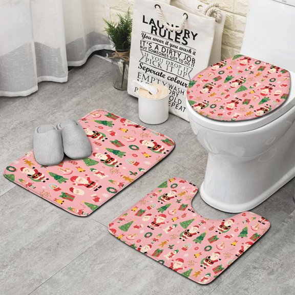 Pink Christmas Santa Pattern Bathroom Rugs Sets 3 Piece,Toilet Cover Set,Absorbent Non Slip Bathroom Mats Sets with U-Shaped Contour Rug Toilet Rug Set