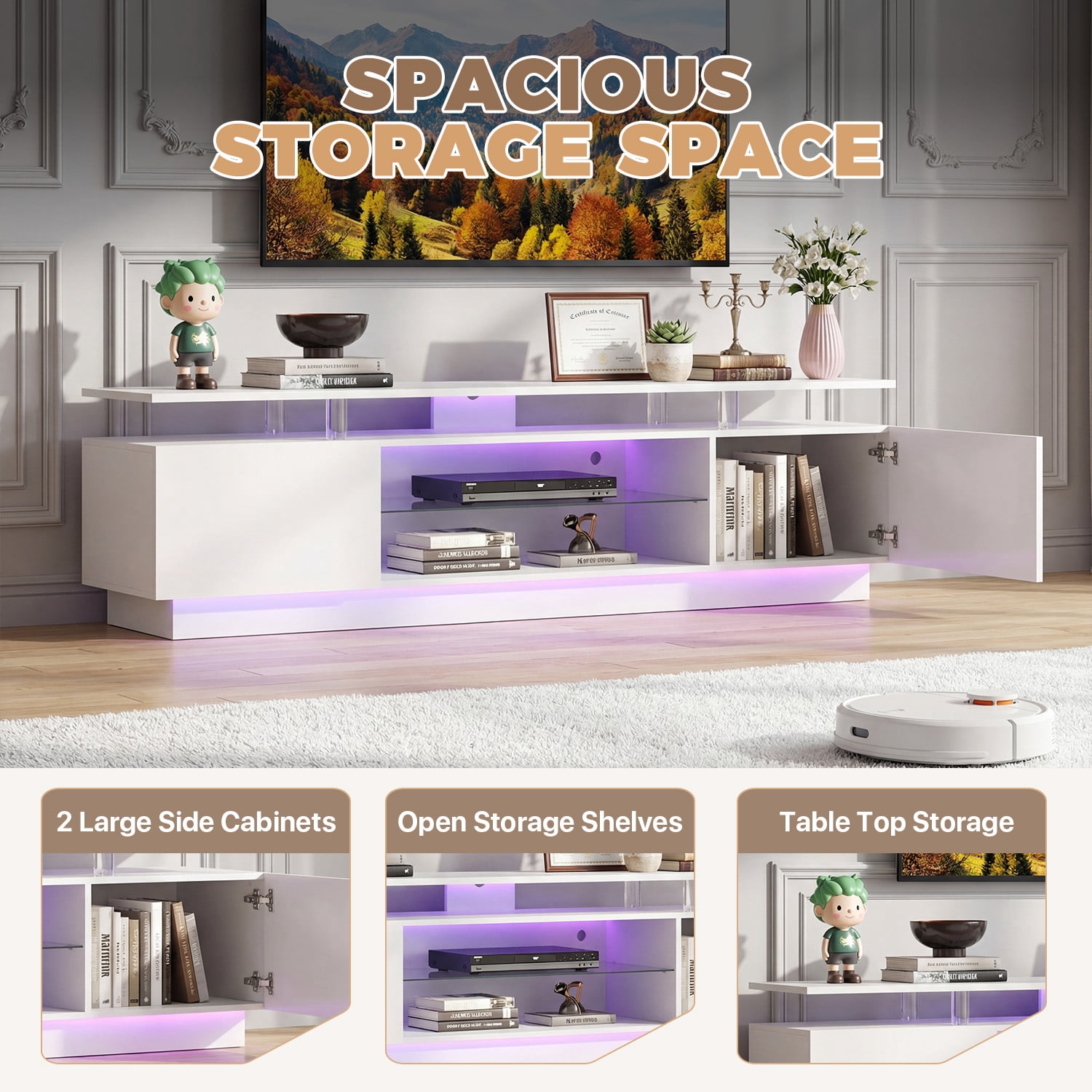 BaPiPro 70" LED Modern TV Stand for 65"-75" TVs, Entertainment Center TV Console with Music Sync LED for Living Room, White