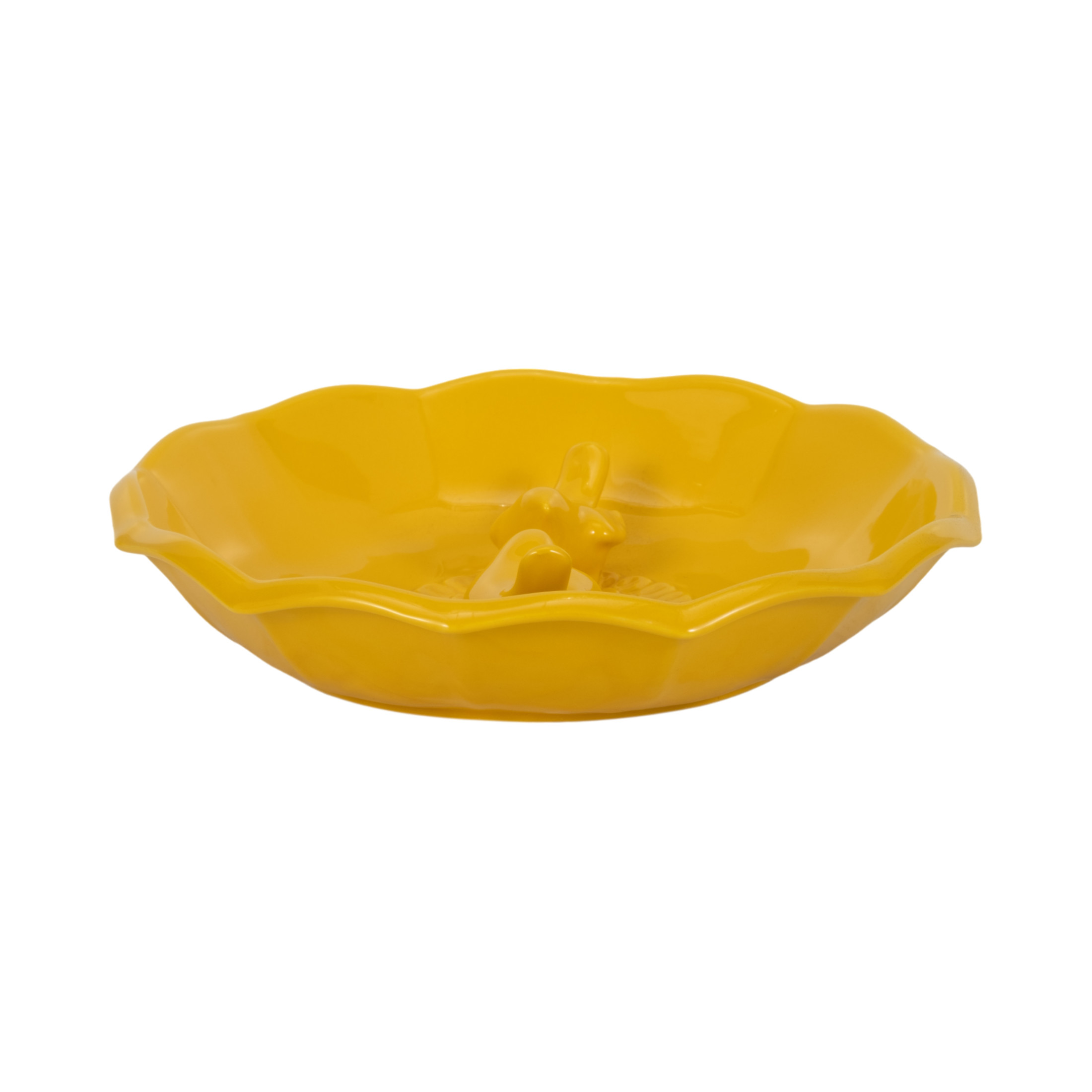 Ceramic Bird Feeder for Outdoors - Flower Bowl Bird Bath Style, Floor Bird Feeder for Garden and Yard Tabletop or Ground - Decorative Accent for Feeding Wild Birds in Outdoor Spaces - 2", Yellow