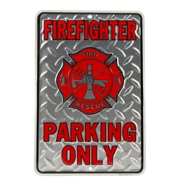 Firefighter Parking Only Embossed Diamond Plate Tin Sign Firefighter Parking Only Embossed Diamond Plate Tin Sign