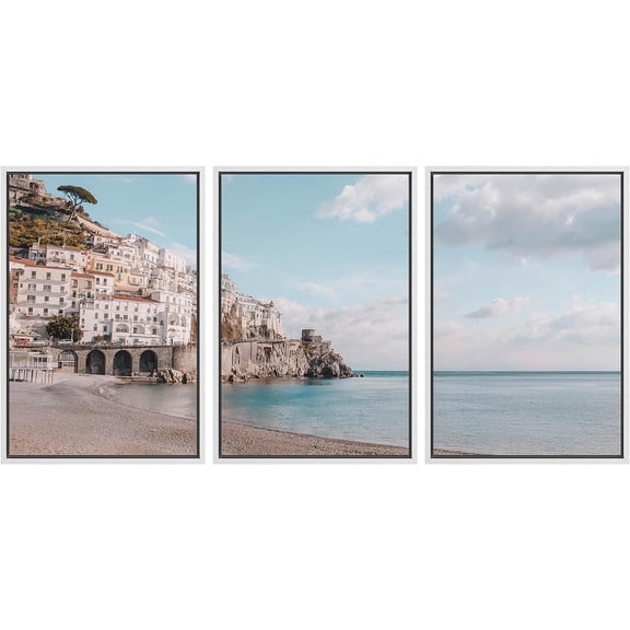 PixonSign Framed Canvas Print Wall Art Set Coastal Beach Shore City Seascape Urban Architecture Photography Realism Scenic Landscape Decorative Colorful Multicolor for Bedroom- 16"x24"x3 White