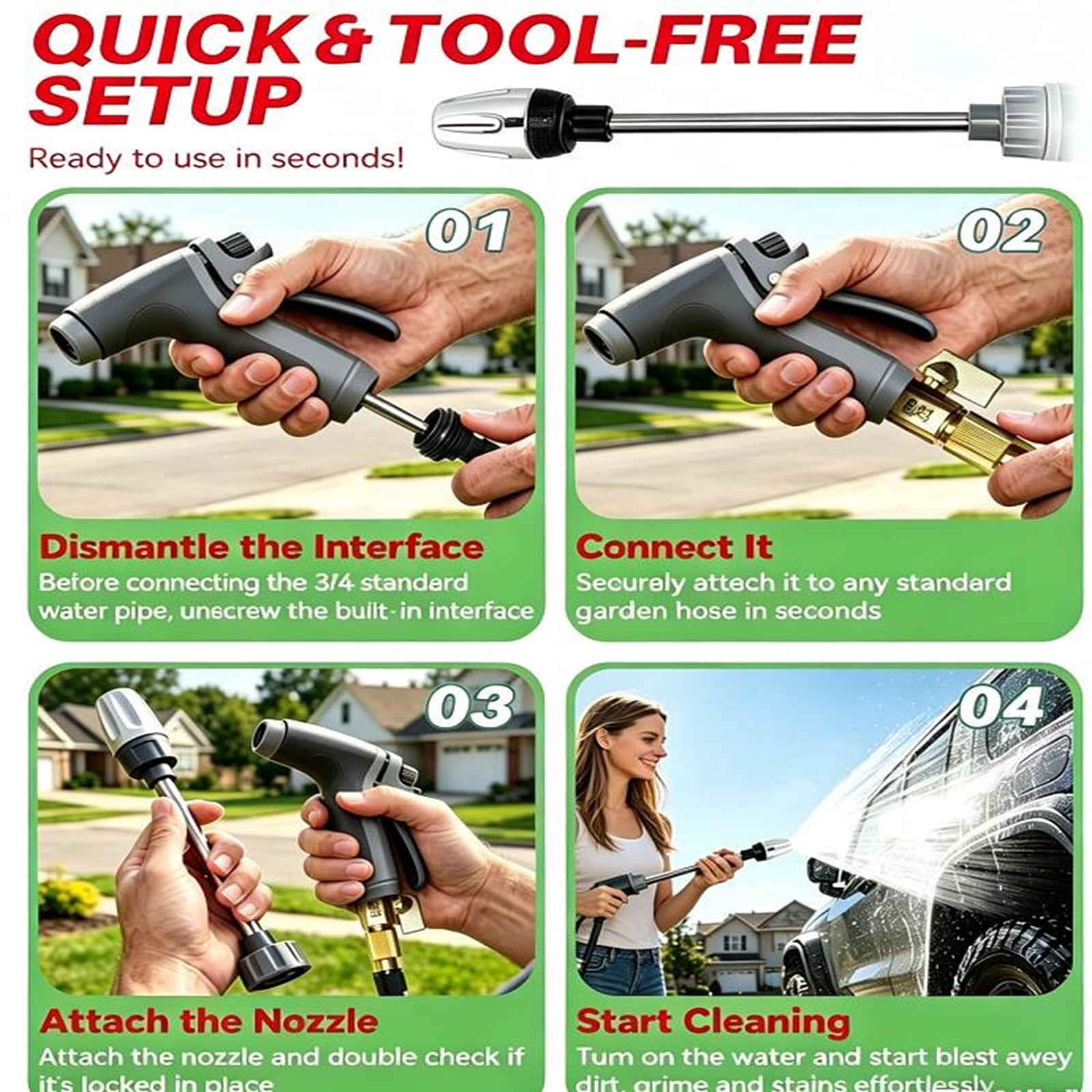 EBCUE 2026 Upgrade Turn Any Hose into a High Pressure Water Cleaning Jet, Power Jet Washer with High Pressure Hose Nozzle, Multi Function Lawn & Garden Watering Sprayer for Yard Car