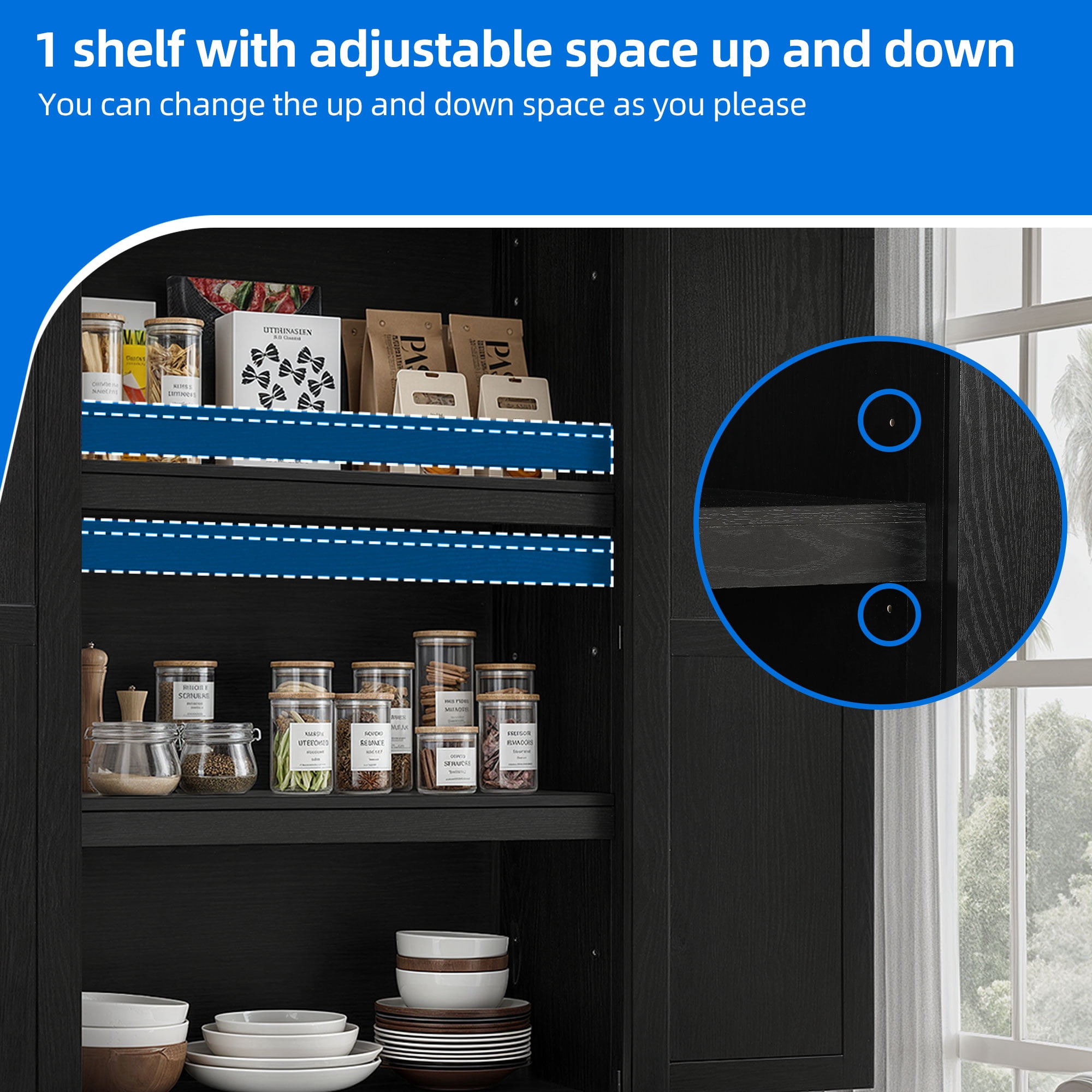 Dextrus Kitchen Pantry Cabinet with Doors & Drawers, Storage Cabinet with Adjustable Shelves, Black