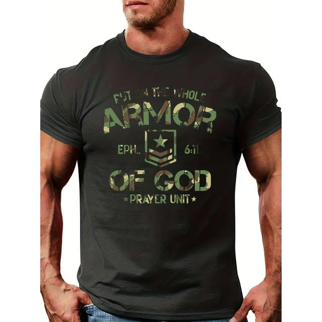 Camiseta cómoda y elegante con estampado de letras de la Armadura de Dios para hombre, ropa de verano para exteriores, tops, regalos y camisetas informales.