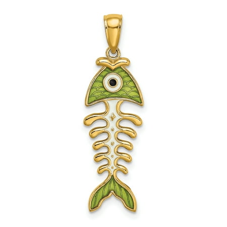 FJC Finejewelers 14k Yellow Gold 3d Fishbone with Green Enamel Charm