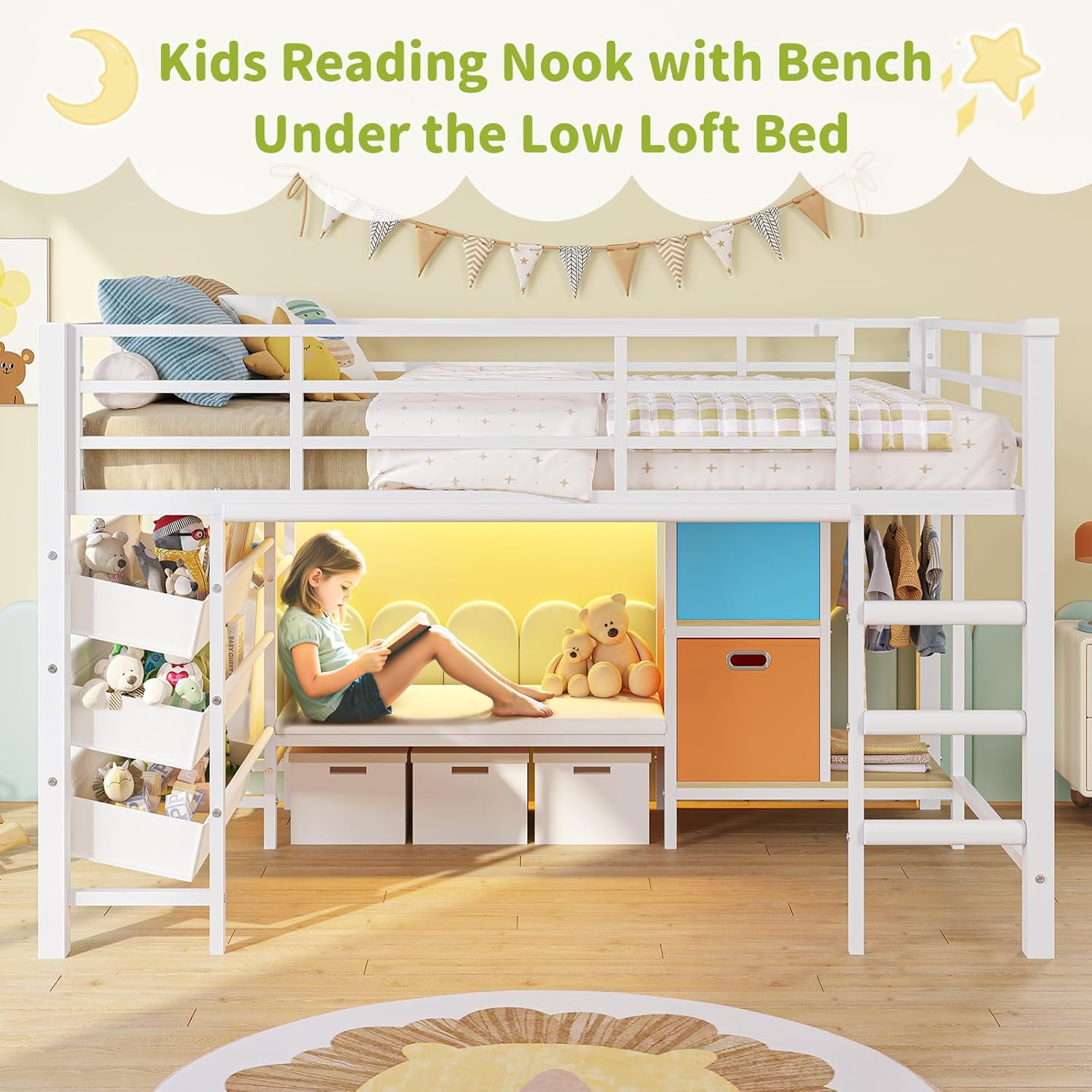 Mabor Twin Size Loft Bed with LED Lights & Reading Bench, Metal Loft Bed Frame with Bookshelf & Storage Basket & Stairs & Full-Length Guardrail for Bedroom, White
