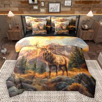 Manfei Brown Moose Deer 7-Piece Bedding Comforter Set,Jungle Animal King Bedding Sets,Western Country Lodge Bed Sheets For Boys Kids,Ultra Soft Home Decor Reversible