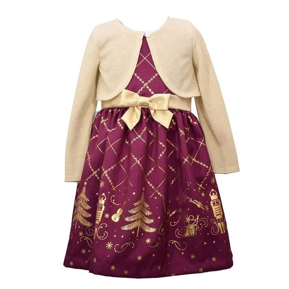 Bonnie Jean Christmas Dress - Nutcracker Dress with Gold Cardigan, Burgundy, 12 Months