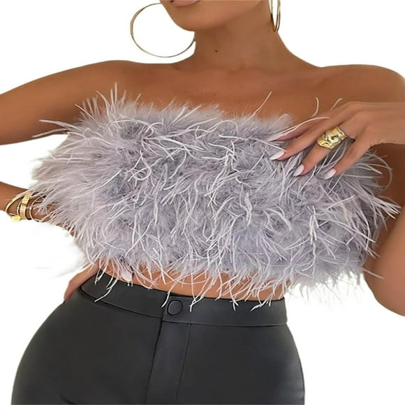 Women Feather Crop Top Faux Fur Tube Top Sleeveless Camisole Cami Party Vest S-XL